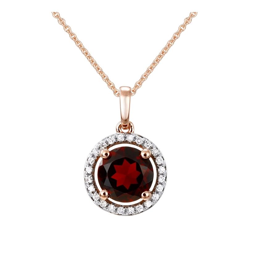 0.08 Ctw Diamond 14k Rose Gold Garnet Round Shape Womens Gemstone Necklace Pendant With 16 Inch Chain