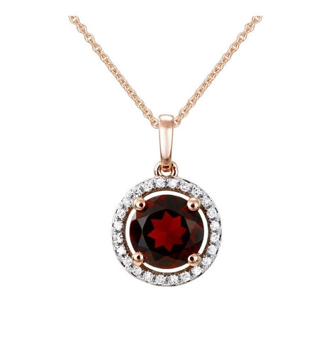 0.08 Ctw Diamond 14k Rose Gold Garnet Round Shape Womens Gemstone Necklace Pendant With 16 Inch Chain