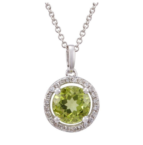 0.07 Ctw Diamond 14k White Gold Peridot Round Shape Womens Gemstone Necklace Pendant With 16 Inch Chain