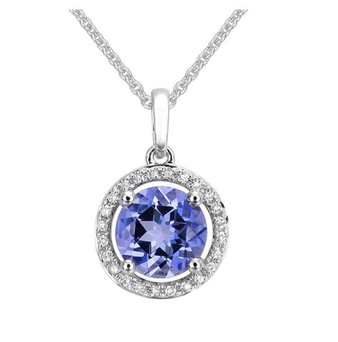 0.07 Ctw Diamond 14k White Gold Tanzanite Round Shape Womens Gemstone Necklace Pendant With 16 Inch Chain