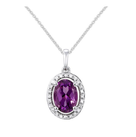 0.07 Ctw Diamond 14k White Gold Amethyst Round Shape Womens Gemstone Necklace Pendant With 16 Inch Chain