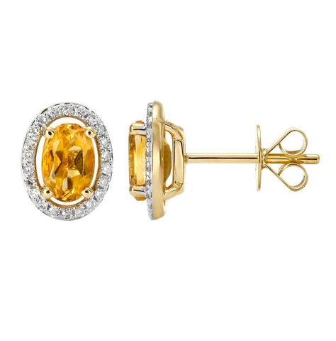 0.13 Ctw Diamond 14k Yellow Gold Citrine Round Shape Womens Gemstone Earrings