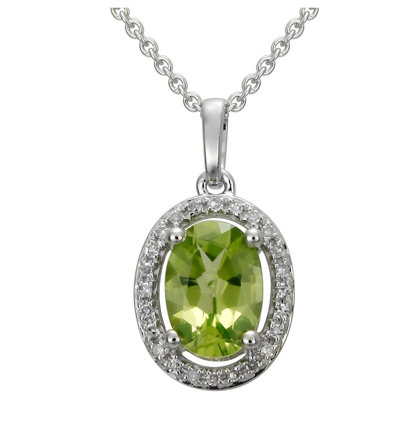 0.07 Ctw Diamond 14k White Gold Peridot Round Shape Womens Gemstone Necklace Pendant With 16 Inch Chain