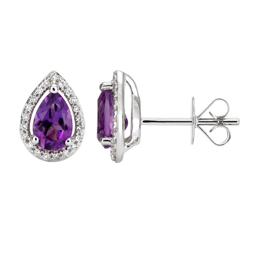 0.13 Ctw Diamond 14k White Gold Amethyst Round Shape Womens Gemstone Earrings