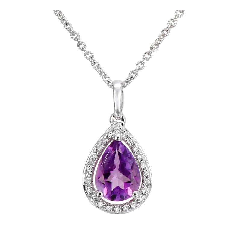 0.07 Ctw Diamond 14k White Gold Amethyst Round Shape Womens Gemstone Necklace Pendant With 16 Inch Chain