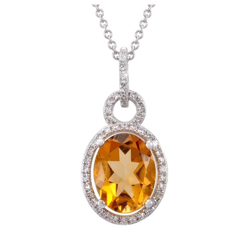 0.14 Ctw Diamond 14k White Gold Citrine Round Shape Womens Gemstone Necklace Pendant With 16 Inch Chain