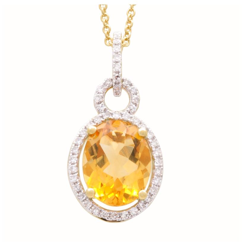 0.14 Ctw Diamond 14k Yellow Gold Citrine Round Shape Womens Gemstone Necklace Pendant With 16 Inch Chain