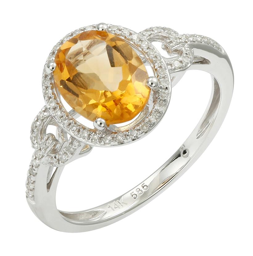 0.17 Ctw Diamond 14k White Gold Citrine Round Shape Womens Gemstone Ring