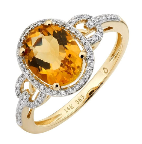 0.17 Ctw Diamond 14k Yellow Gold Citrine Round Shape Womens Gemstone Ring