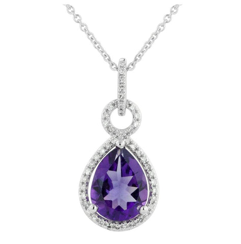 0.15 Ctw Diamond 14k White Gold Amethyst Round Shape Womens Gemstone Necklace Pendant With 16 Inch Chain