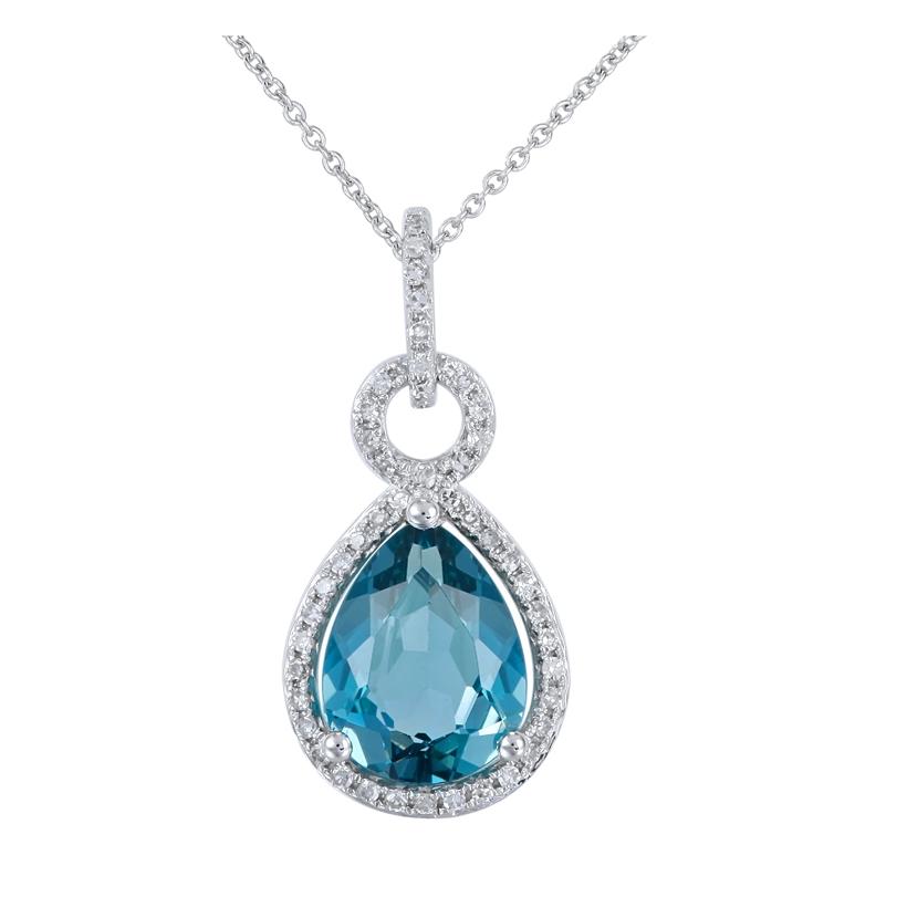 0.15 Ctw Diamond 14k White Gold Topaz Round Shape Womens Gemstone Necklace Pendant With 16 Inch Chain