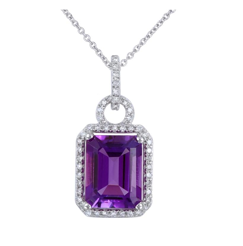 0.15 Ctw Diamond 14k White Gold Amethyst Round Shape Womens Gemstone Necklace Pendant With 16 Inch Chain