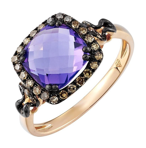 0.2 Ctw Diamond 14k Rose Gold Amethyst Round Shape Womens Gemstone Ring