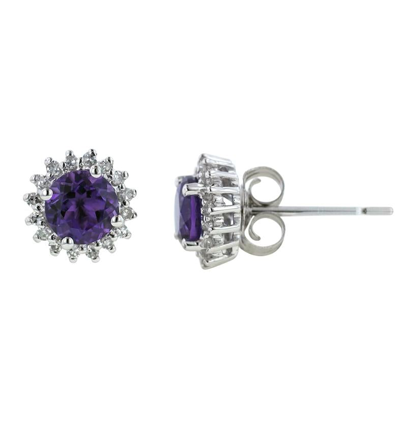 0.13 Ctw Diamond 14k White Gold Amethyst Round Shape Womens Gemstone Earrings