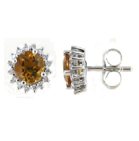 0.13 Ctw Diamond 14k White Gold Citrine Round Shape Womens Gemstone Earrings