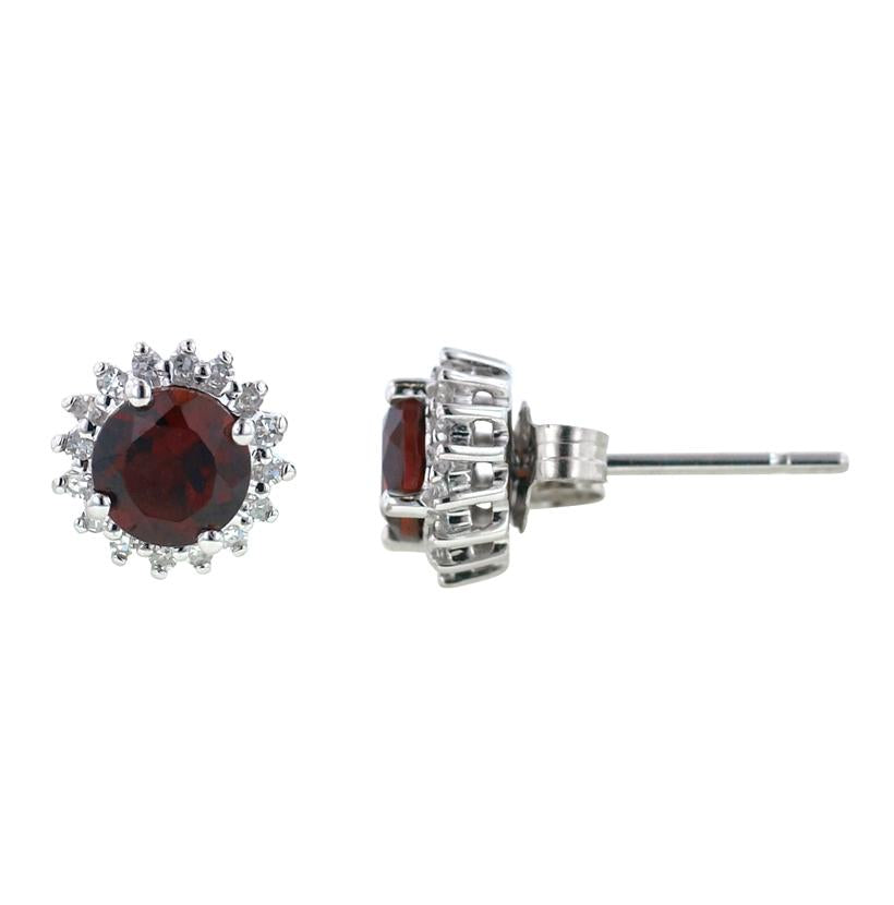 0.12 Ctw Diamond 14k White Gold Garnet Round Shape Womens Gemstone Earrings