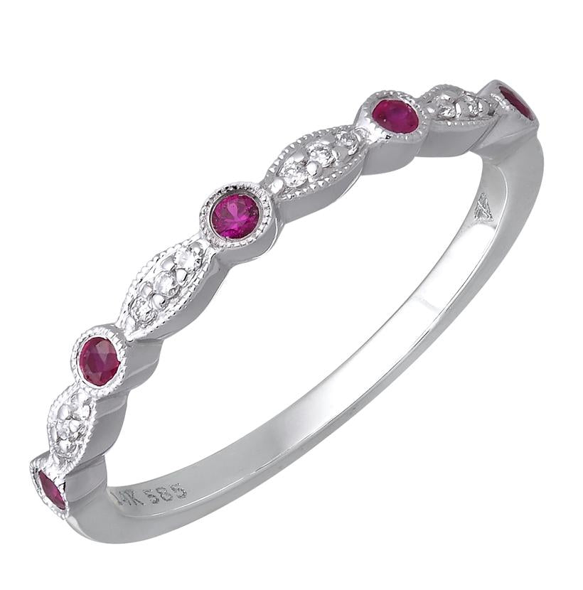 0.05 Ctw Diamond 14k White Gold Ruby Round Shape Womens Gemstone Ring