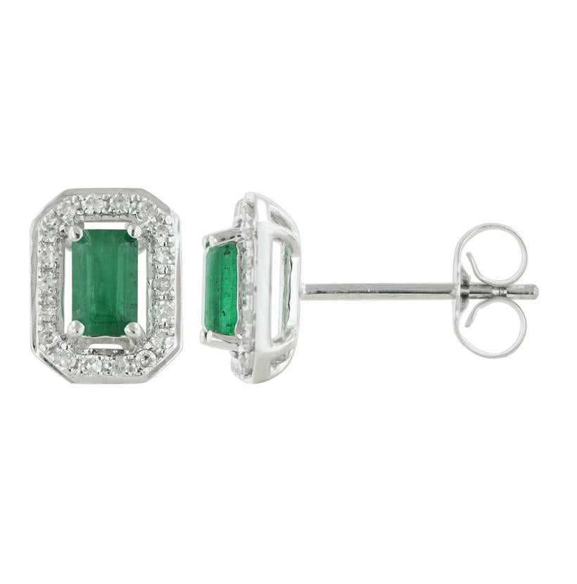 0.13 Ctw Diamond 14k White Gold Emerald Round Shape Womens Gemstone Earrings