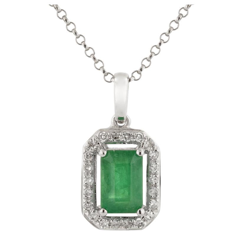 0.08 Ctw Diamond 14k White Gold Emerald Round Shape Womens Gemstone Necklace Pendant With 16 Inch Chain