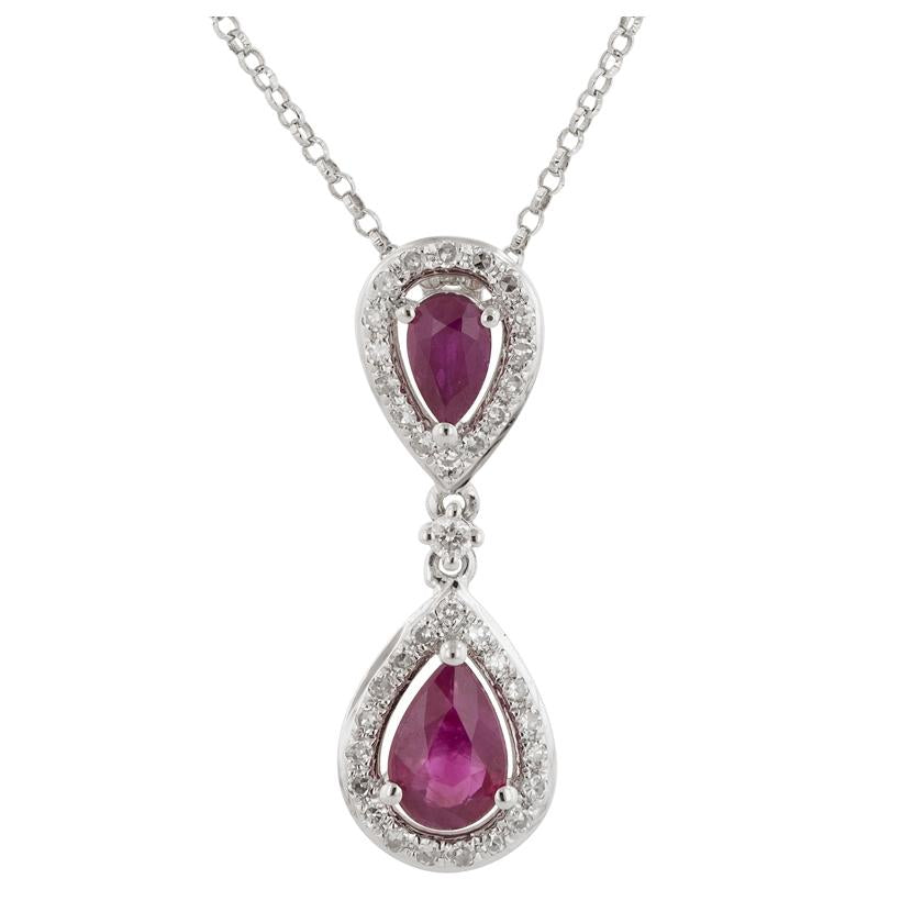 0.14 Ctw Diamond 14k White Gold Ruby Round Shape Womens Gemstone Necklace Pendant With 16 Inch Chain