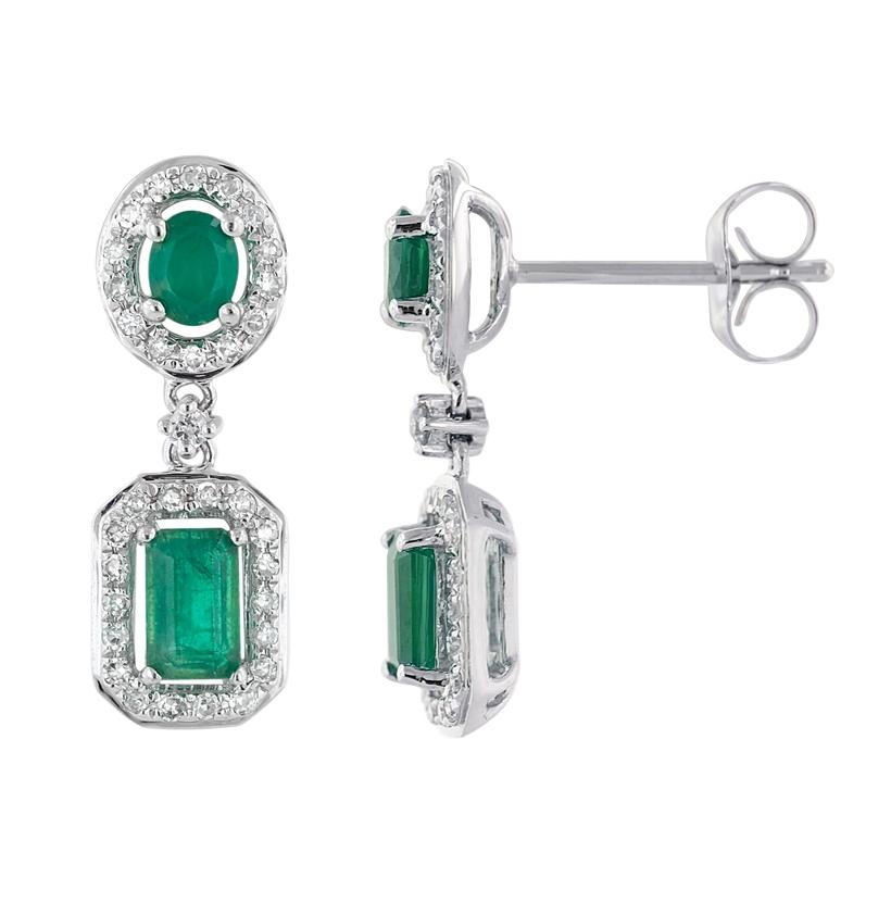 0.26 Ctw Diamond 14k White Gold Emerald Round Shape Womens Gemstone Earrings