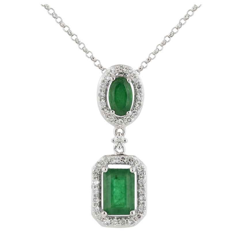 0.16 Ctw Diamond 14k White Gold Emerald Round Shape Womens Gemstone Necklace Pendant With 16 Inch Chain