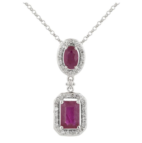 0.16 Ctw Diamond 14k White Gold Ruby Round Shape Womens Gemstone Necklace Pendant With 16 Inch Chain