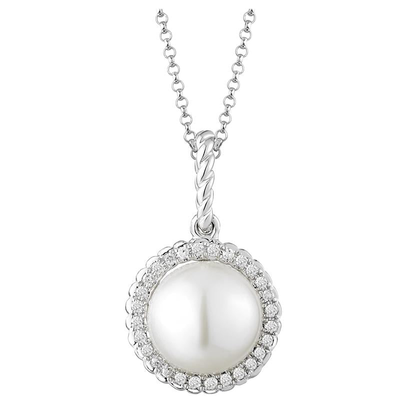 0.09 Ctw Diamond 14k White Gold Pearl Necklace Pendant With 16 Inch Chain