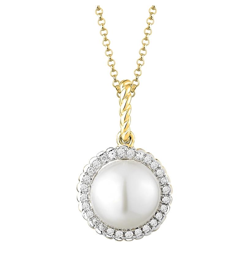 0.09 Ctw Diamond 14k Yellow Gold Pearl Necklace Pendant With 16 Inch Chain