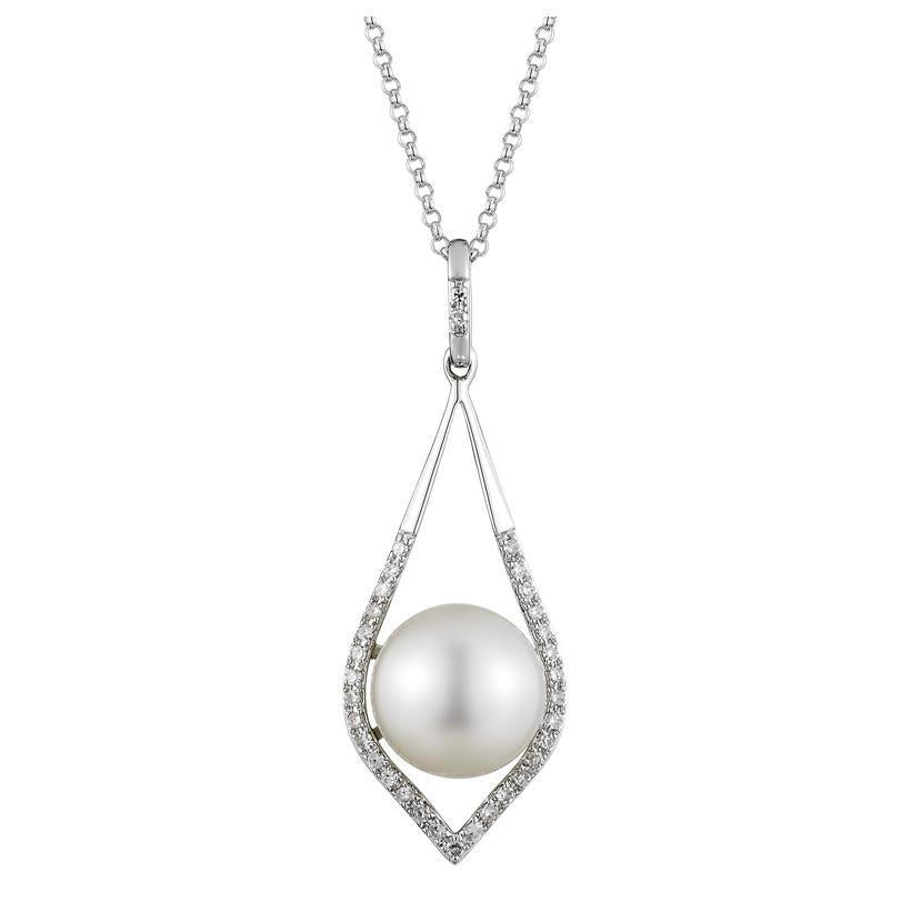 0.1 Ctw Diamond 14k White Gold Pearl Necklace Pendant With 16 Inch Chain