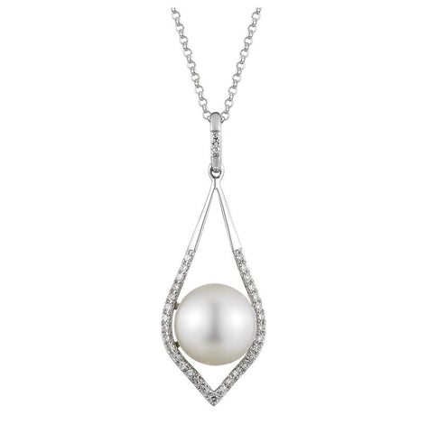 0.1 Ctw Diamond 14k White Gold Pearl Necklace Pendant With 16 Inch Chain