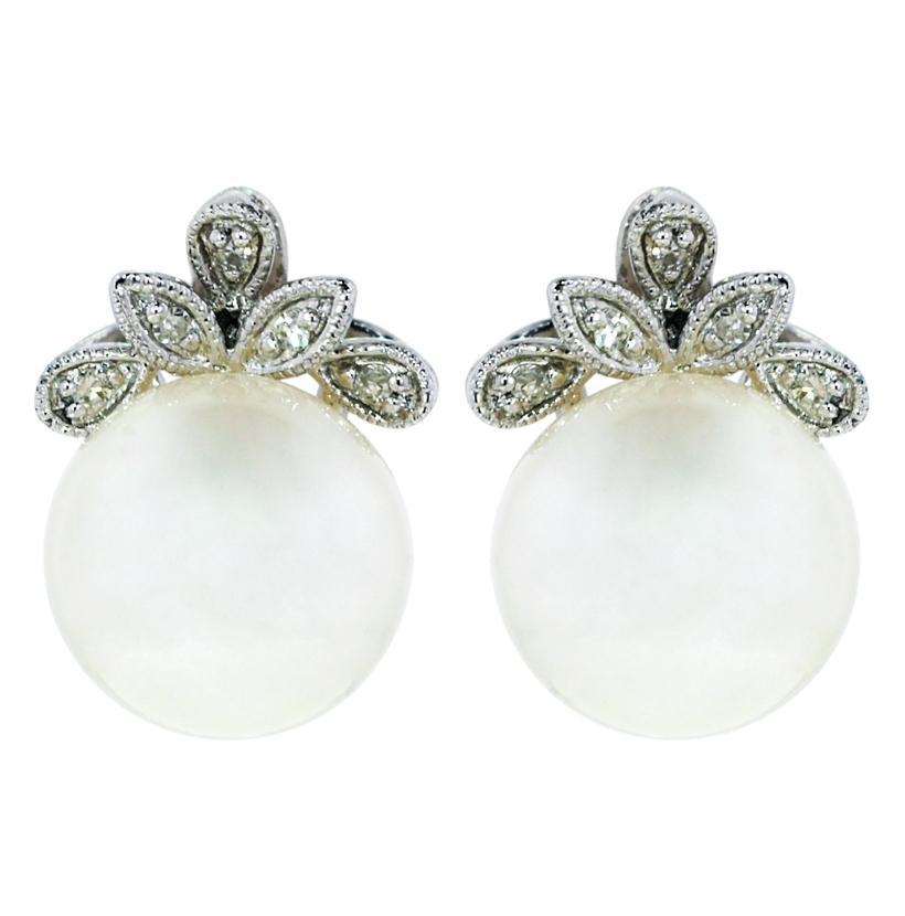 0.04 Ctw Diamond 14k White Gold Pearl Earrings