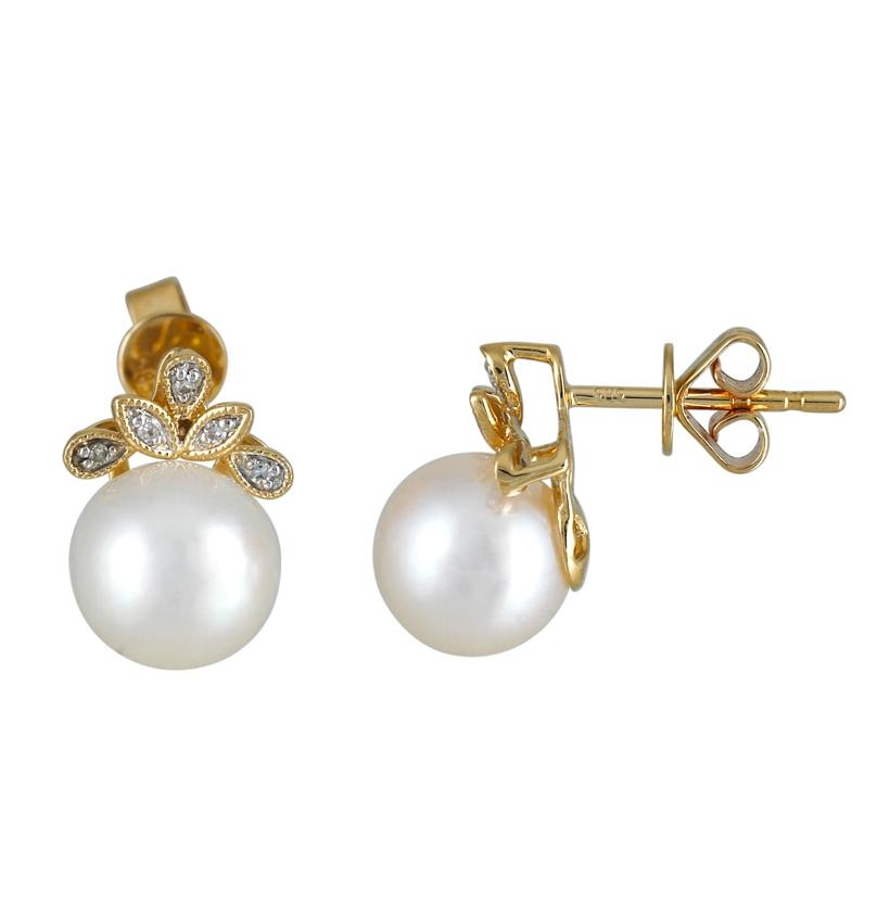 0.04 Ctw Diamond 14k Yellow Gold Pearl Earrings