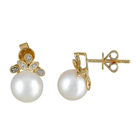 0.04 Ctw Diamond 14k Yellow Gold Pearl Earrings