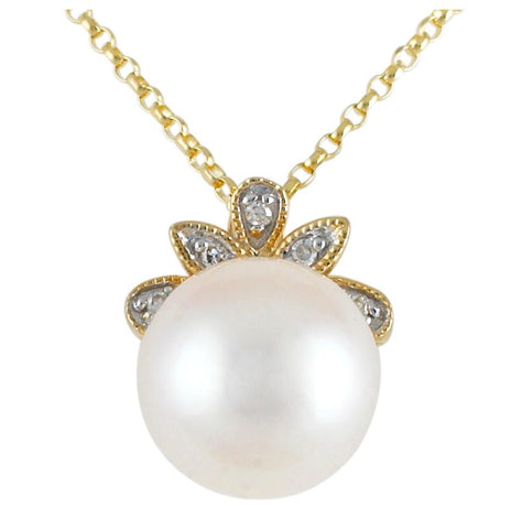 0.02 Ctw Diamond 14k Yellow Gold Pearl Necklace Pendant With 16 Inch Chain