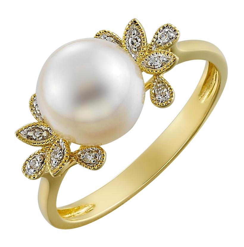 0.04 Ctw Diamond 14k Yellow Gold Pearl Ring