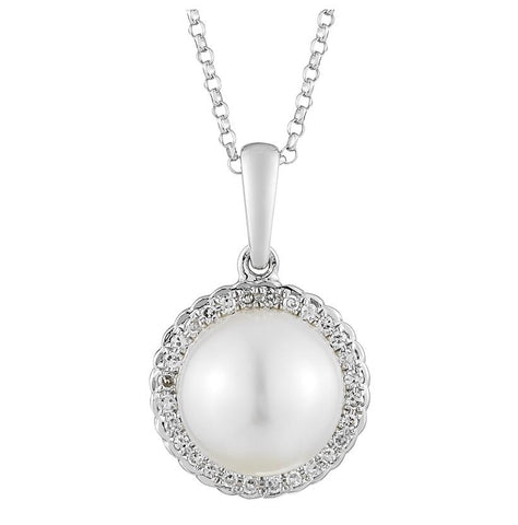 0.08 Ctw Diamond 14k White Gold Pearl Necklace Pendant With 16 Inch Chain