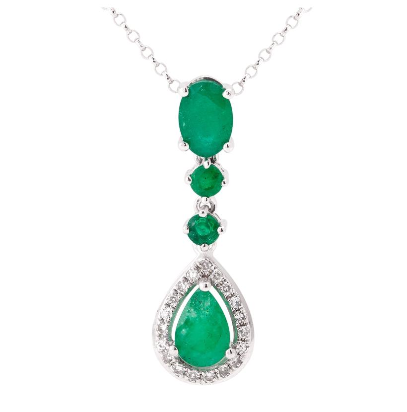 0.07 Ctw Diamond 14k White Gold Emerald Round Shape Womens Gemstone Necklace Pendant With 16 Inch Chain