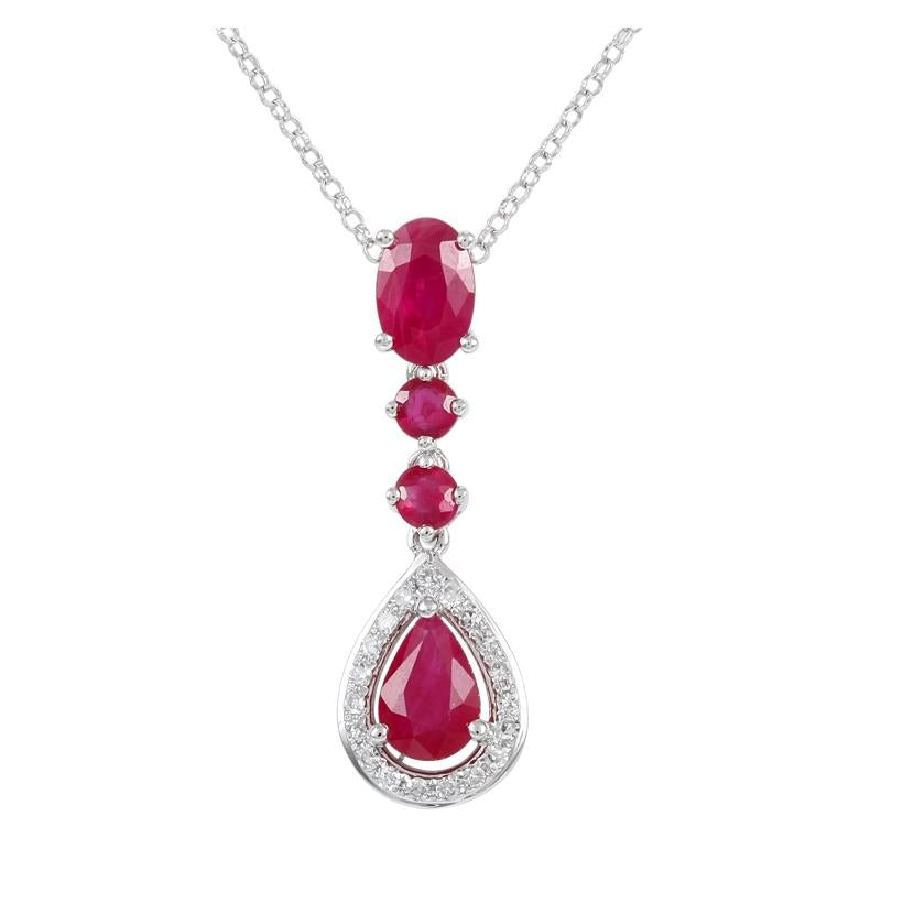 0.07 Ctw Diamond 14k White Gold Ruby Round Shape Womens Gemstone Necklace Pendant With 16 Inch Chain