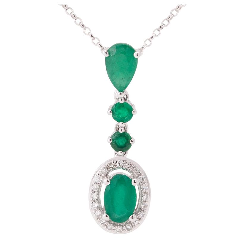 0.07 Ctw Diamond 14k White Gold Emerald Round Shape Womens Gemstone Necklace Pendant With 16 Inch Chain