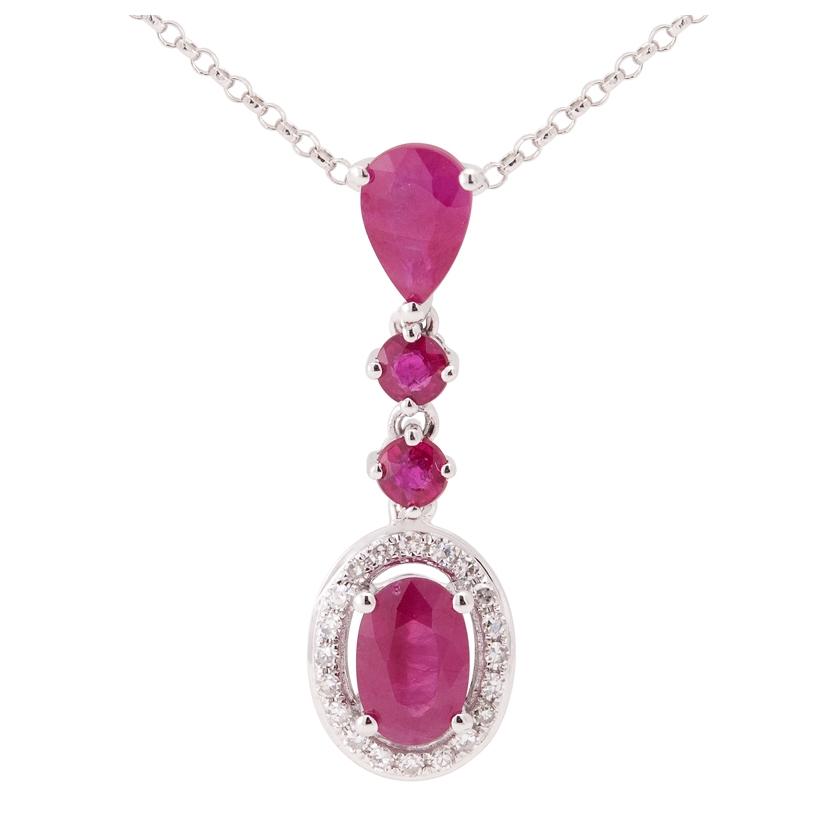 0.07 Ctw Diamond 14k White Gold Ruby Round Shape Womens Gemstone Necklace Pendant With 16 Inch Chain