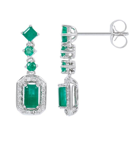 0.13 Ctw Diamond 14k White Gold Emerald Round Shape Womens Gemstone Earrings