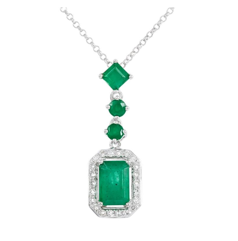 0.08 Ctw Diamond 14k White Gold Emerald Round Shape Womens Gemstone Necklace Pendant With 16 Inch Chain