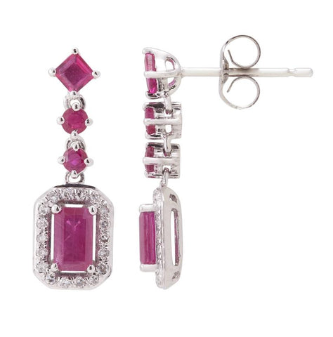 0.13 Ctw Diamond 14k White Gold Ruby Round Shape Womens Gemstone Earrings