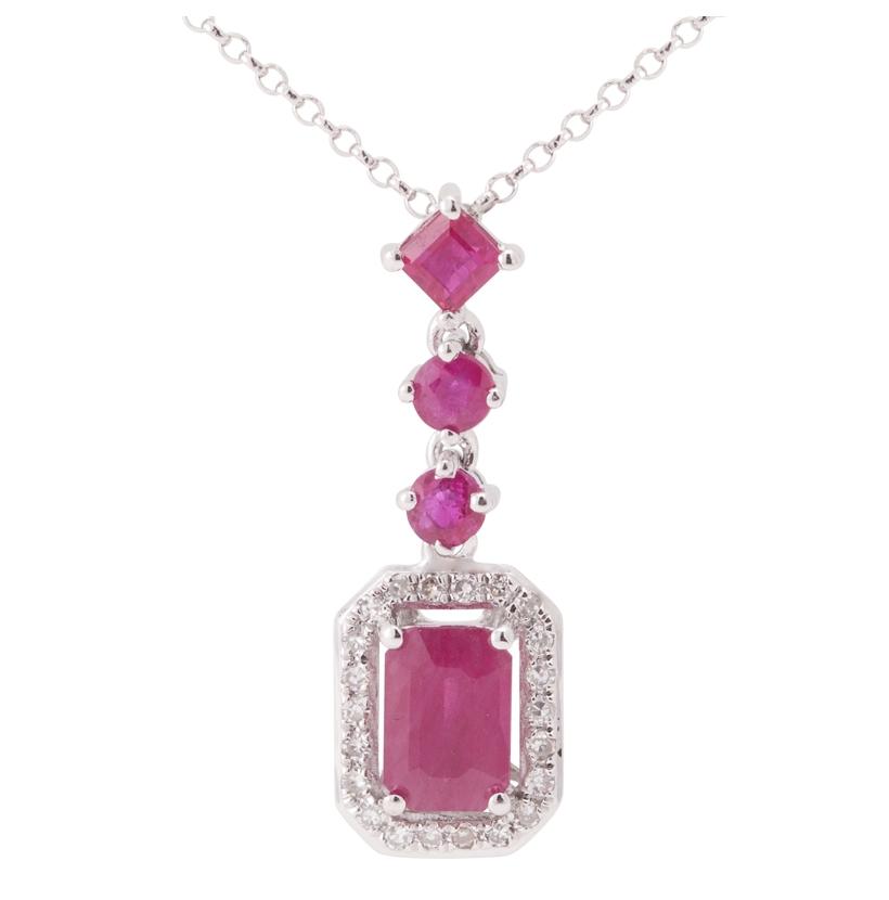 0.08 Ctw Diamond 14k White Gold Ruby Round Shape Womens Gemstone Necklace Pendant With 16 Inch Chain