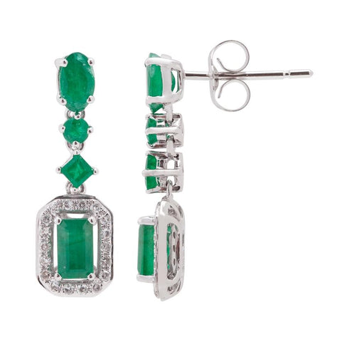 0.13 Ctw Diamond 14k White Gold Emerald Round Shape Womens Gemstone Earrings