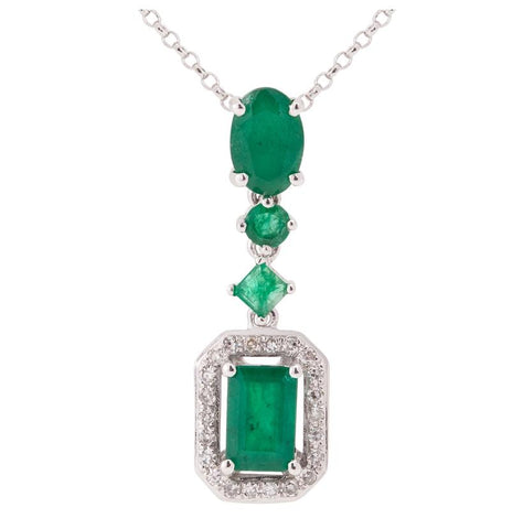 0.08 Ctw Diamond 14k White Gold Emerald Round Shape Womens Gemstone Necklace Pendant With 16 Inch Chain