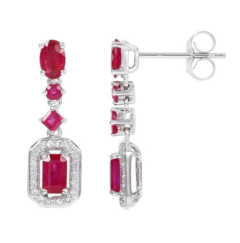 0.13 Ctw Diamond 14k White Gold Ruby Round Shape Womens Gemstone Earrings