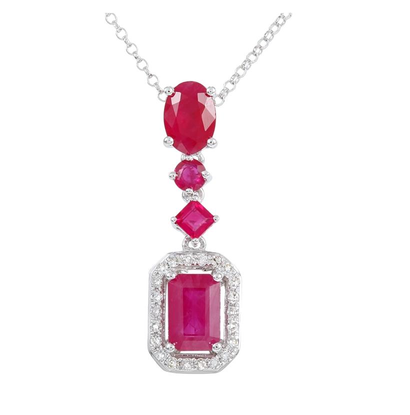 0.08 Ctw Diamond 14k White Gold Ruby Round Shape Womens Gemstone Necklace Pendant With 16 Inch Chain