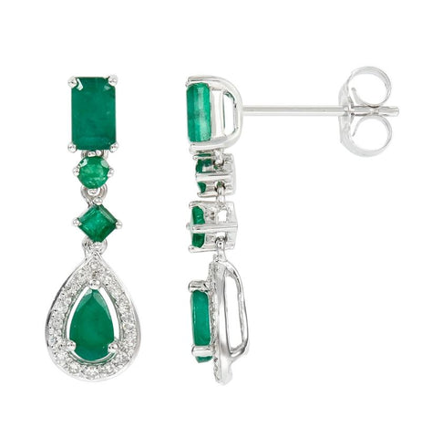 0.12 Ctw Diamond 14k White Gold Emerald Round Shape Womens Gemstone Earrings